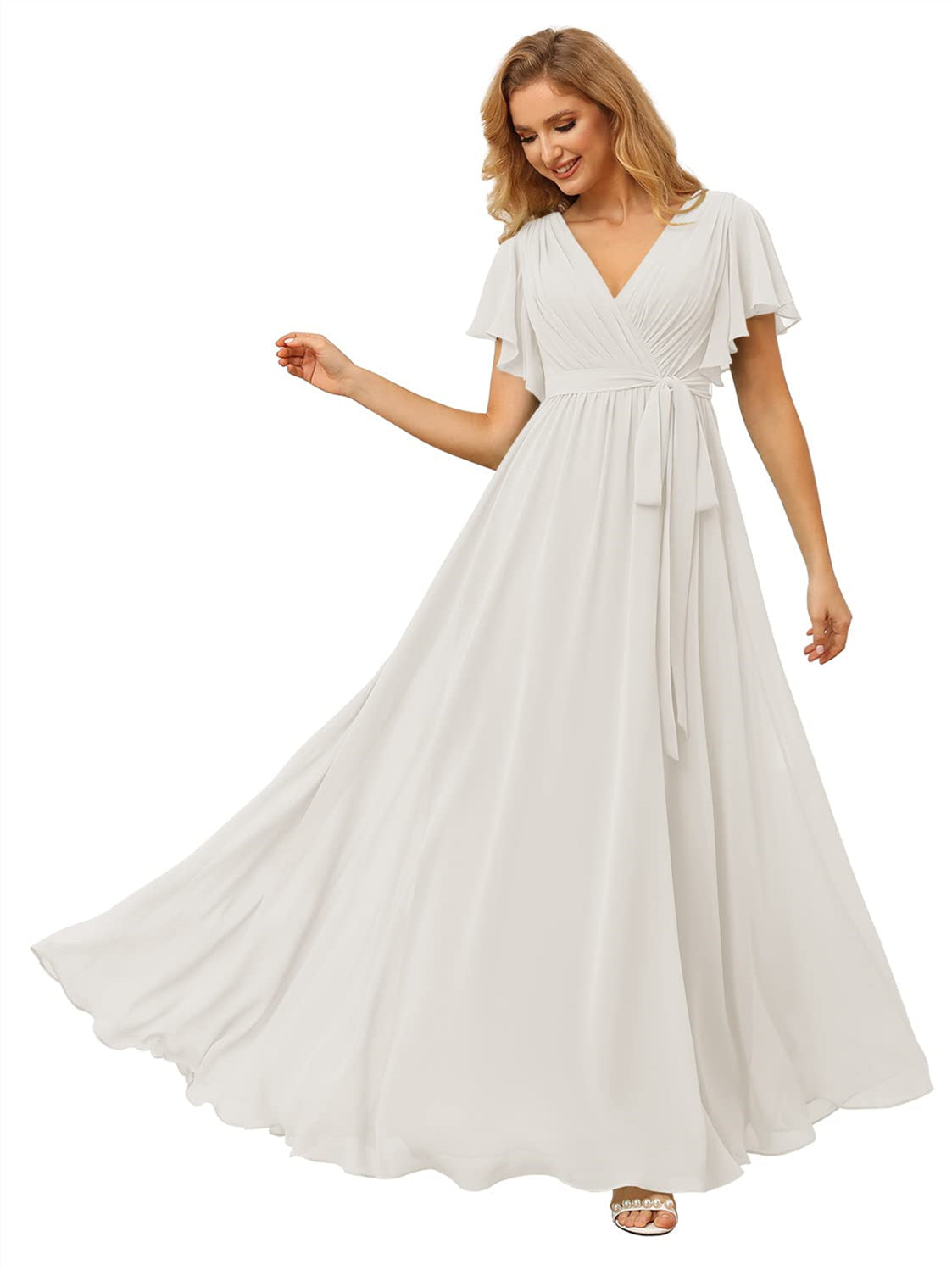 V-Neck Ankle-Length Chiffon Bridesmaid Dress with Short Sleeves
