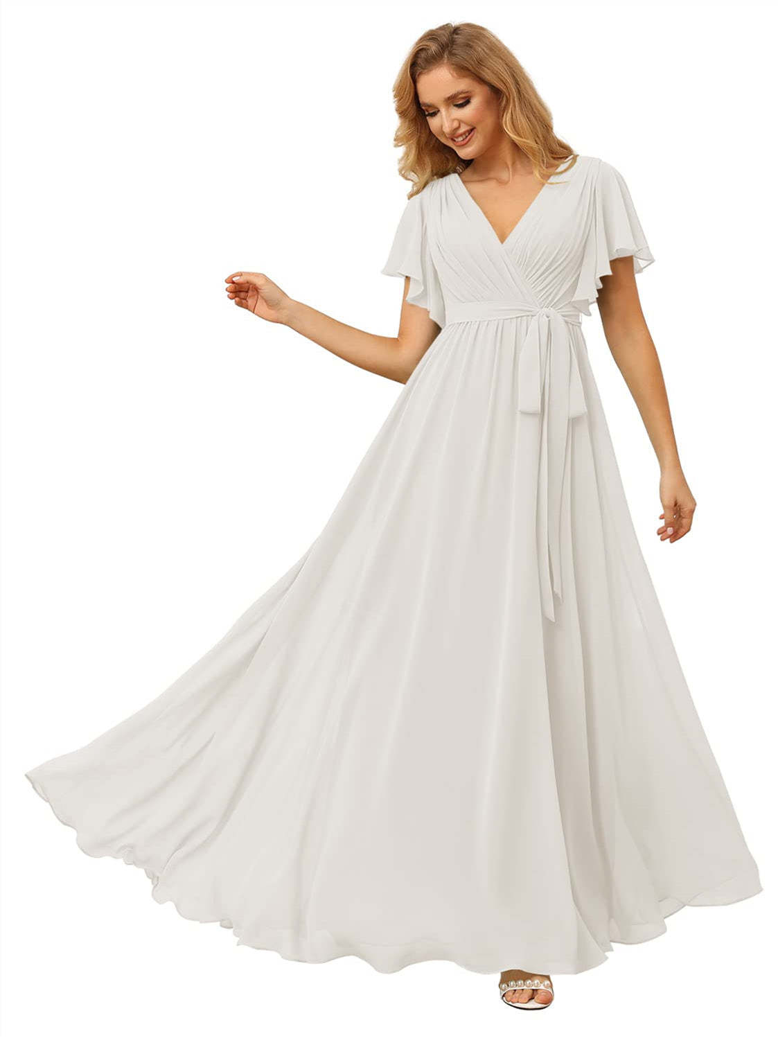 V-Neck Ankle-Length Chiffon Bridesmaid Dress with Short Sleeves