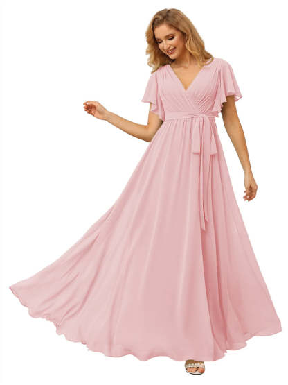 V-Neck Ankle-Length Chiffon Bridesmaid Dress with Short Sleeves