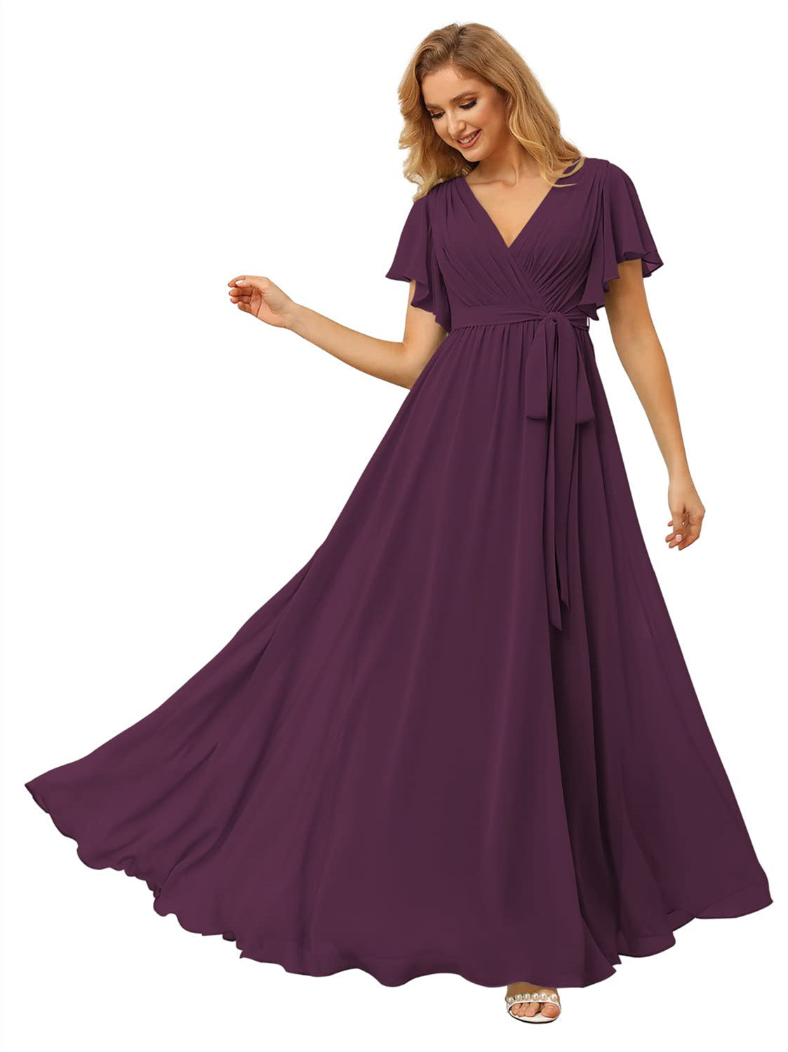 V-Neck Ankle-Length Chiffon Bridesmaid Dress with Short Sleeves