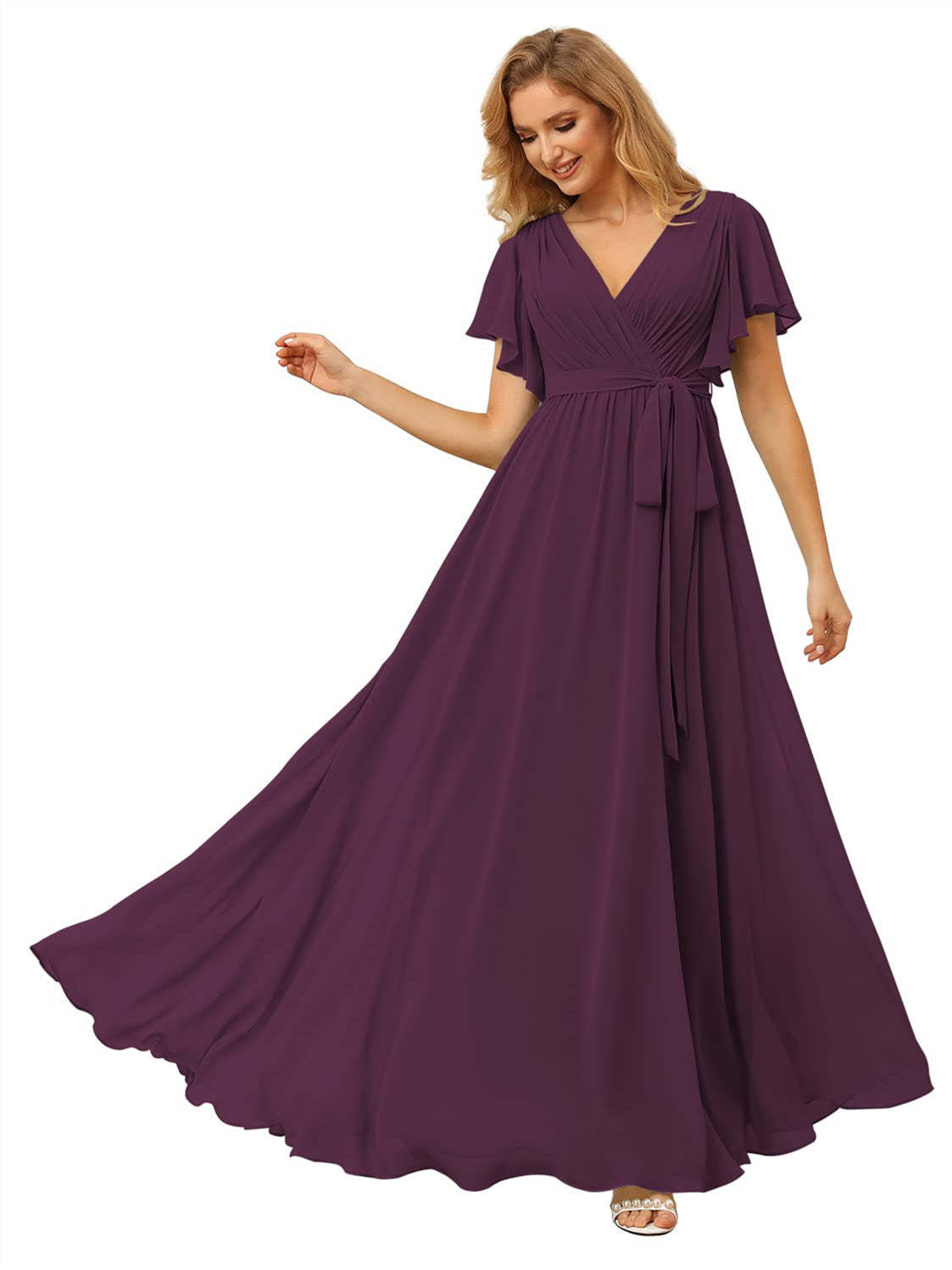 V-Neck Ankle-Length Chiffon Bridesmaid Dress with Short Sleeves