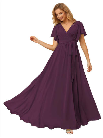 V-Neck Ankle-Length Chiffon Bridesmaid Dress with Short Sleeves
