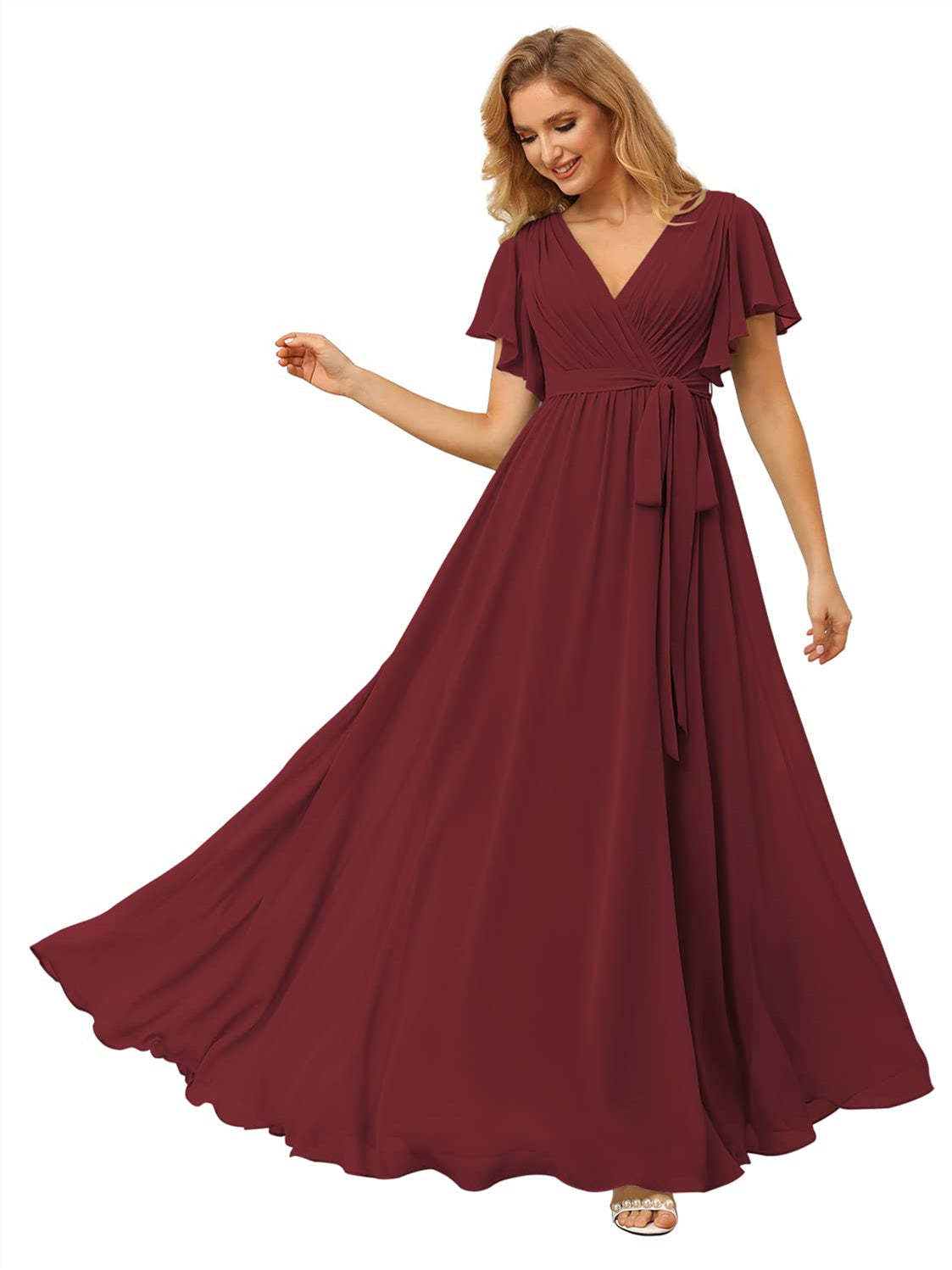 V-Neck Ankle-Length Chiffon Bridesmaid Dress with Short Sleeves