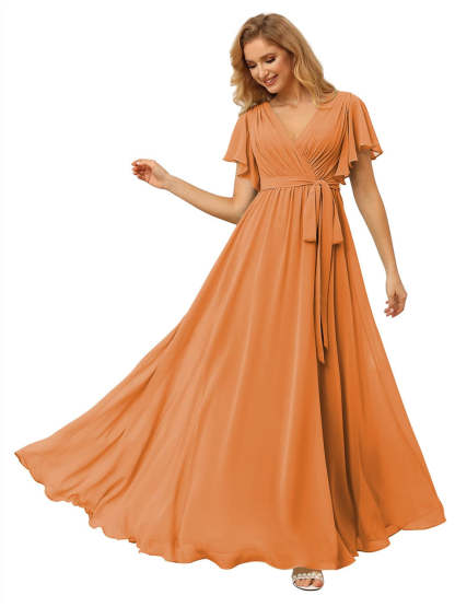 V-Neck Ankle-Length Chiffon Bridesmaid Dress with Short Sleeves