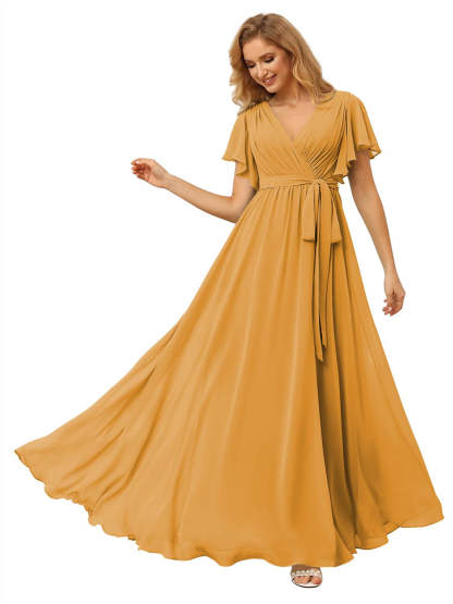 V-Neck Ankle-Length Chiffon Bridesmaid Dress with Short Sleeves