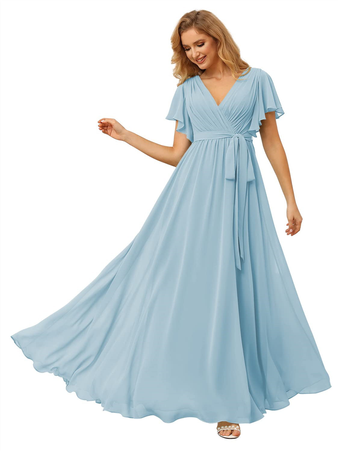 V-Neck Ankle-Length Chiffon Bridesmaid Dress with Short Sleeves