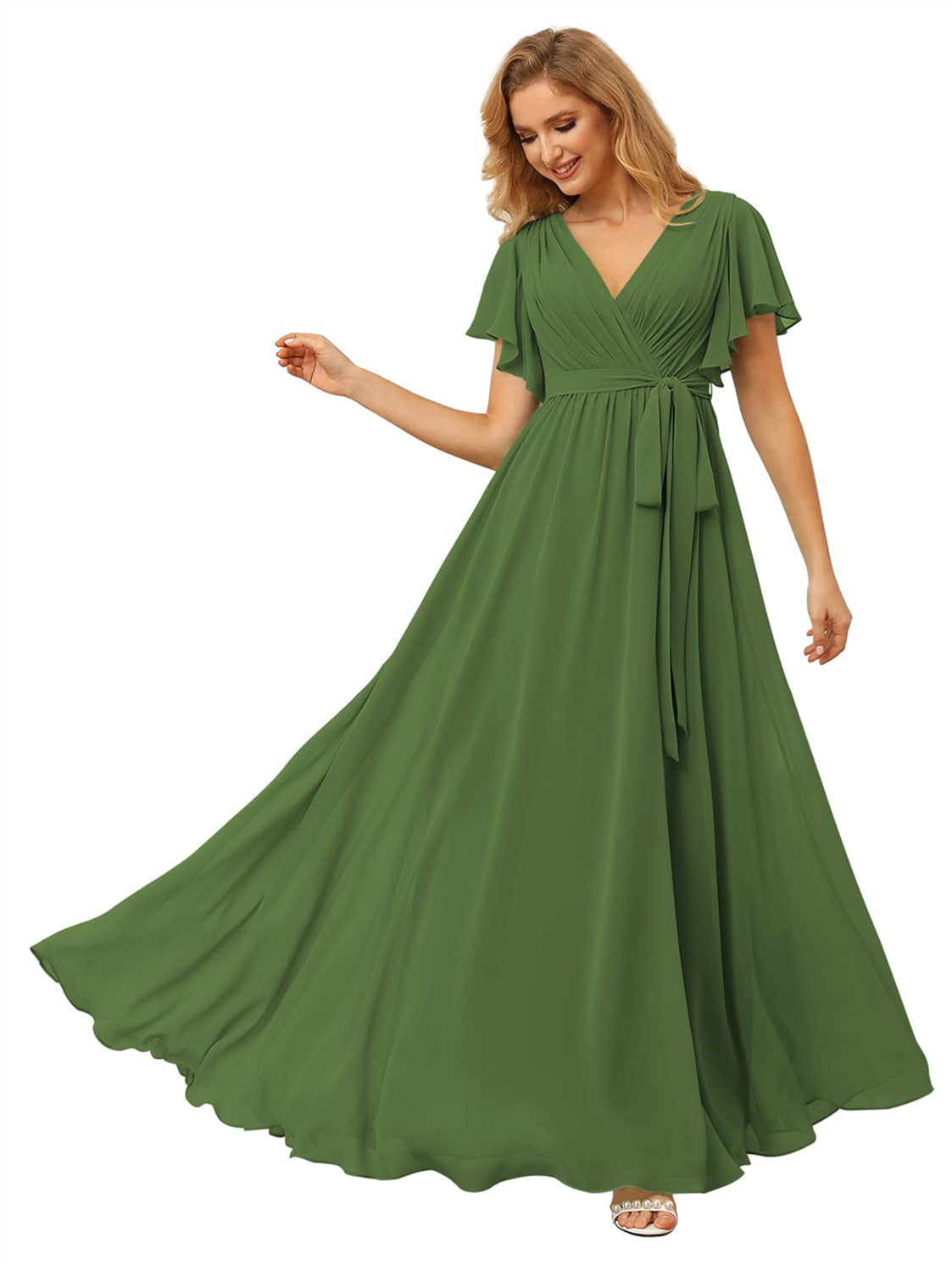 V-Neck Ankle-Length Chiffon Bridesmaid Dress with Short Sleeves
