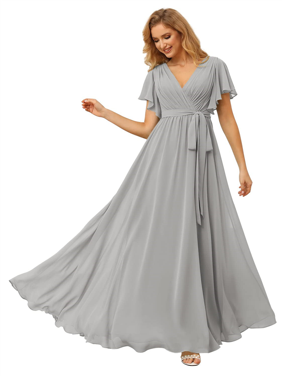 V-Neck Ankle-Length Chiffon Bridesmaid Dress with Short Sleeves