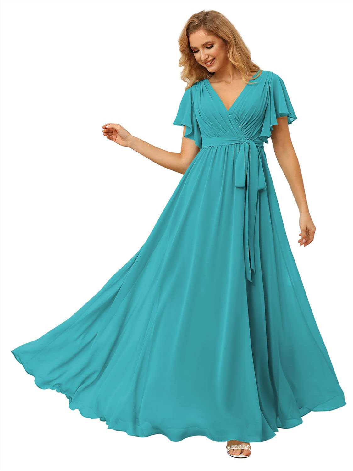 V-Neck Ankle-Length Chiffon Bridesmaid Dress with Short Sleeves