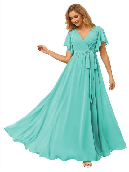 V-Neck Ankle-Length Chiffon Bridesmaid Dress with Short Sleeves