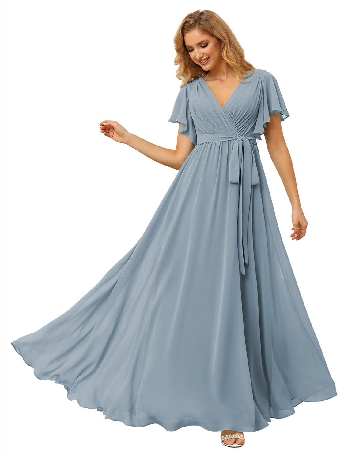 V-Neck Ankle-Length Chiffon Bridesmaid Dress with Short Sleeves