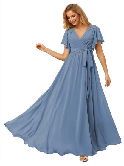 V-Neck Ankle-Length Chiffon Bridesmaid Dress with Short Sleeves