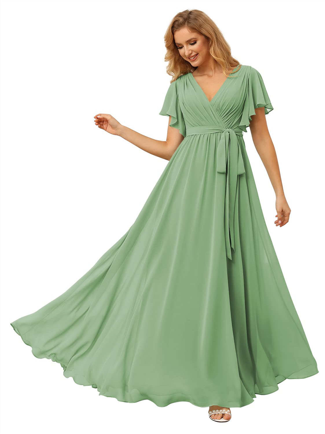 V-Neck Ankle-Length Chiffon Bridesmaid Dress with Short Sleeves