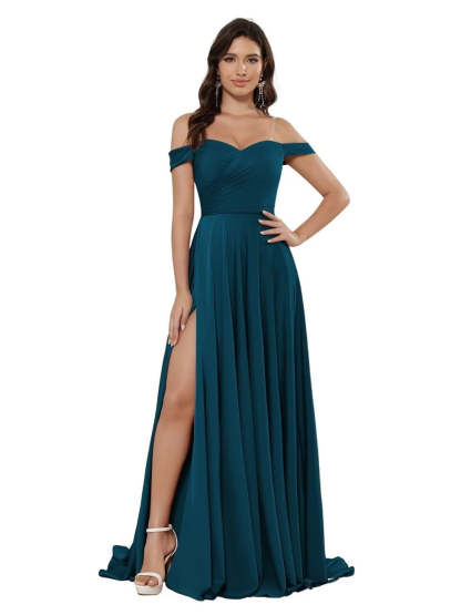 Off-the-shoulder Sleeveless Floor-Length Bridesmaid Dresses in Princess Satin with an A-Line Cut