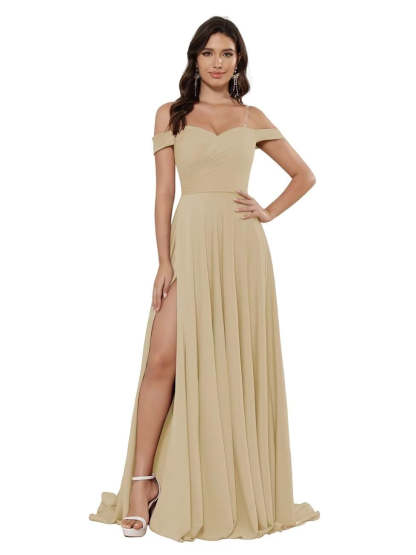 Off-the-shoulder Sleeveless Floor-Length Bridesmaid Dresses in Princess Satin with an A-Line Cut