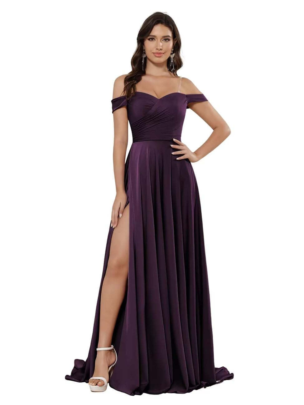 Off-the-shoulder Sleeveless Floor-Length Bridesmaid Dresses in Princess Satin with an A-Line Cut
