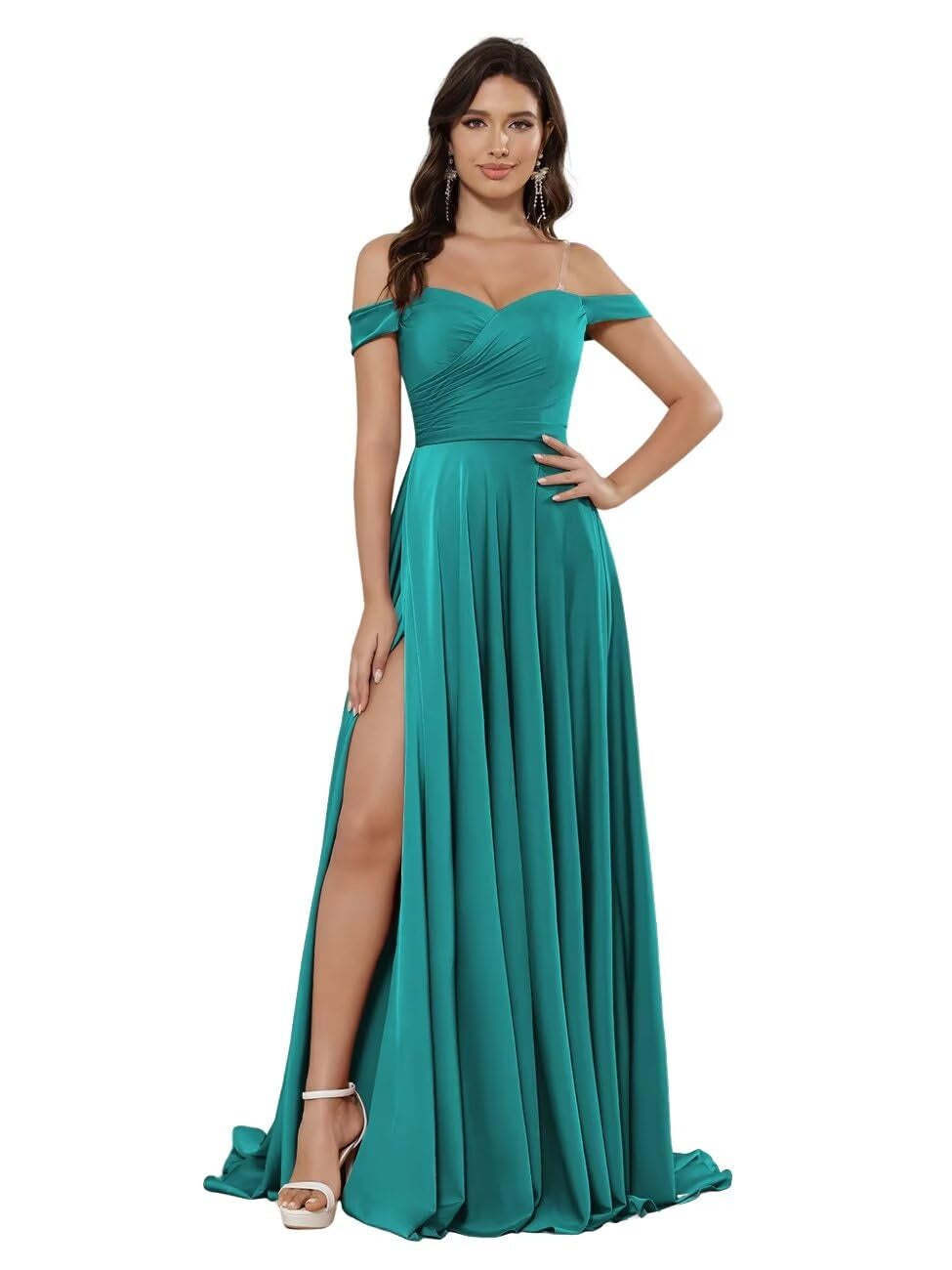 Off-the-shoulder Sleeveless Floor-Length Bridesmaid Dresses in Princess Satin with an A-Line Cut