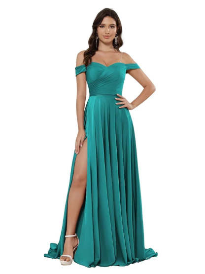 Off-the-shoulder Sleeveless Floor-Length Bridesmaid Dresses in Princess Satin with an A-Line Cut