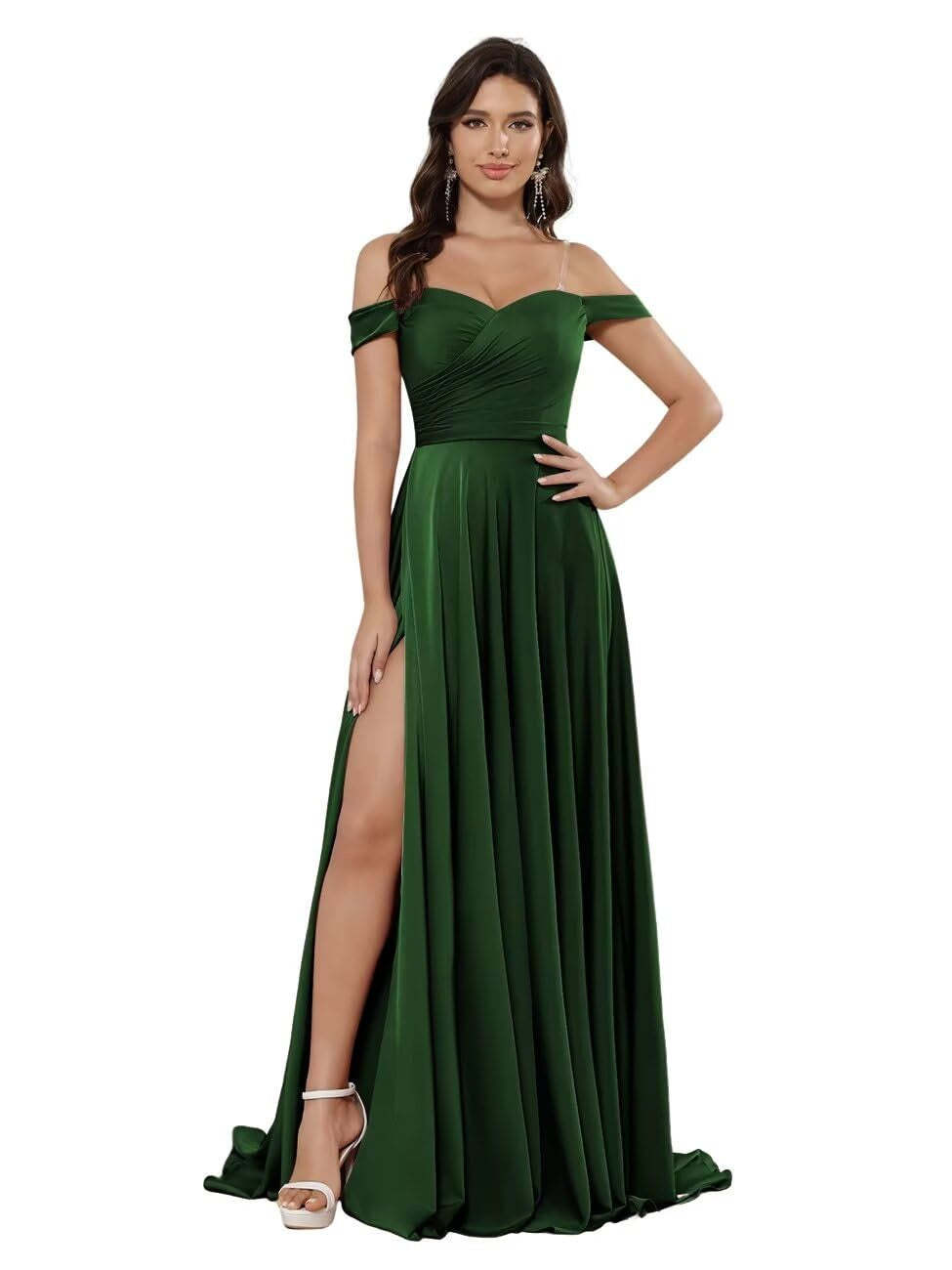 Off-the-shoulder Sleeveless Floor-Length Bridesmaid Dresses in Princess Satin with an A-Line Cut