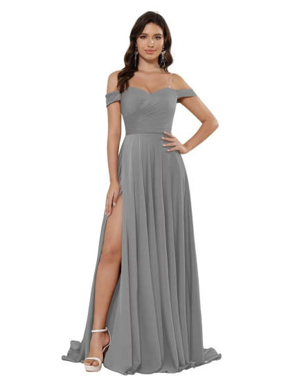Off-the-shoulder Sleeveless Floor-Length Bridesmaid Dresses in Princess Satin with an A-Line Cut