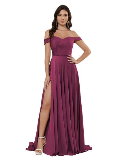 Off-the-shoulder Sleeveless Floor-Length Bridesmaid Dresses in Princess Satin with an A-Line Cut