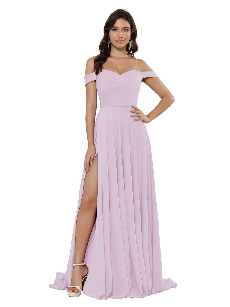 Off-the-shoulder Sleeveless Floor-Length Bridesmaid Dresses in Princess Satin with an A-Line Cut