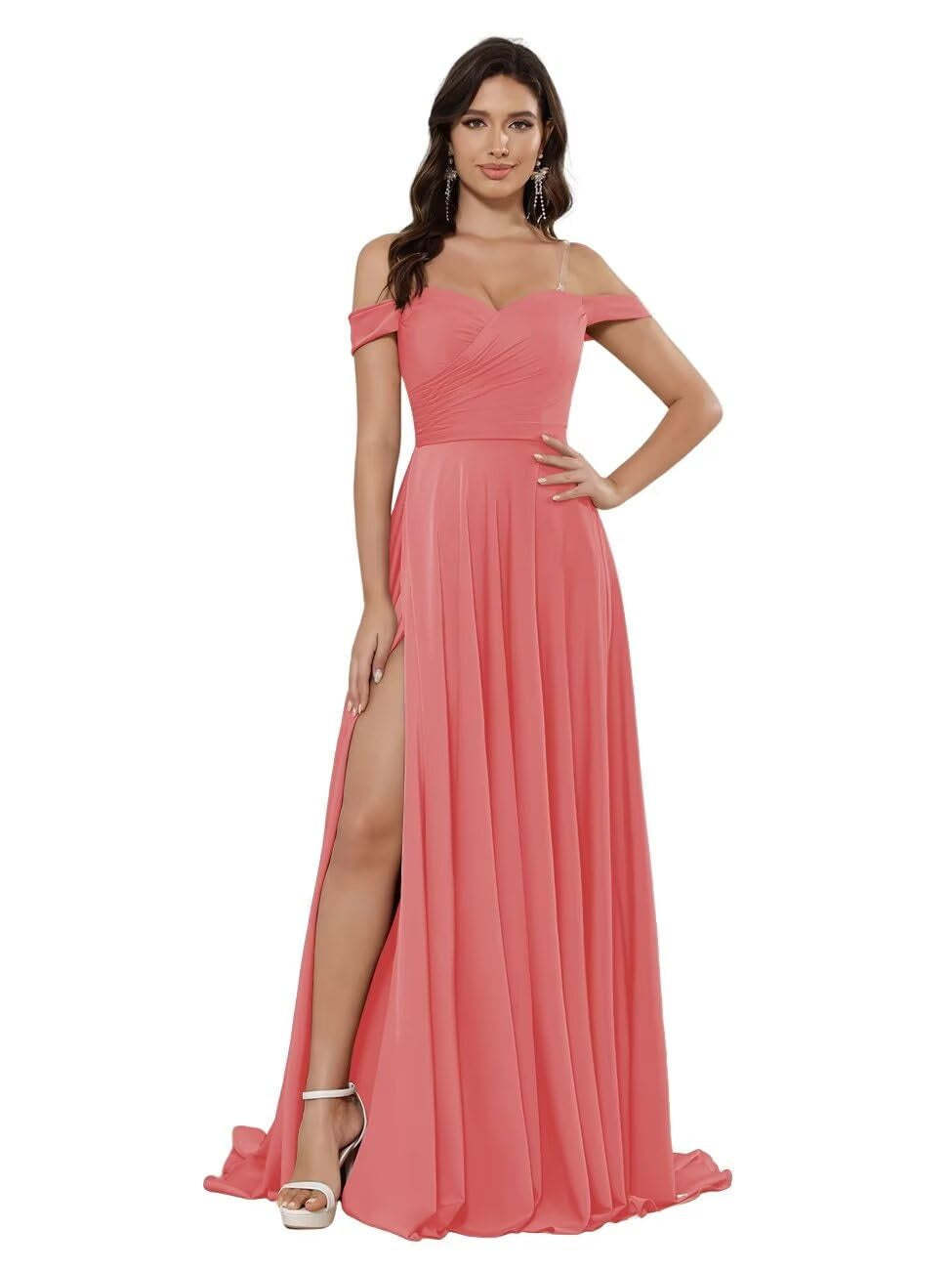 Off-the-shoulder Sleeveless Floor-Length Bridesmaid Dresses in Princess Satin with an A-Line Cut