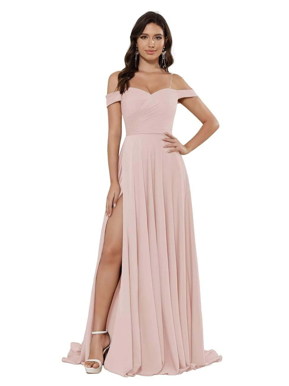 Off-the-shoulder Sleeveless Floor-Length Bridesmaid Dresses in Princess Satin with an A-Line Cut