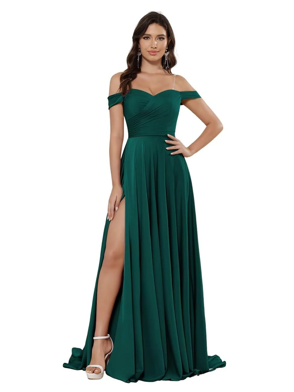 Off-the-shoulder Sleeveless Floor-Length Bridesmaid Dresses in Princess Satin with an A-Line Cut