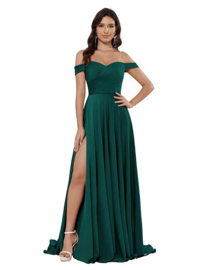 Off-the-shoulder Sleeveless Floor-Length Bridesmaid Dresses in Princess Satin with an A-Line Cut