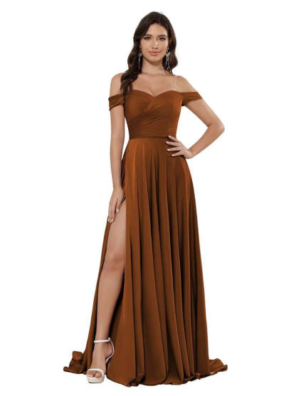 Off-the-shoulder Sleeveless Floor-Length Bridesmaid Dresses in Princess Satin with an A-Line Cut