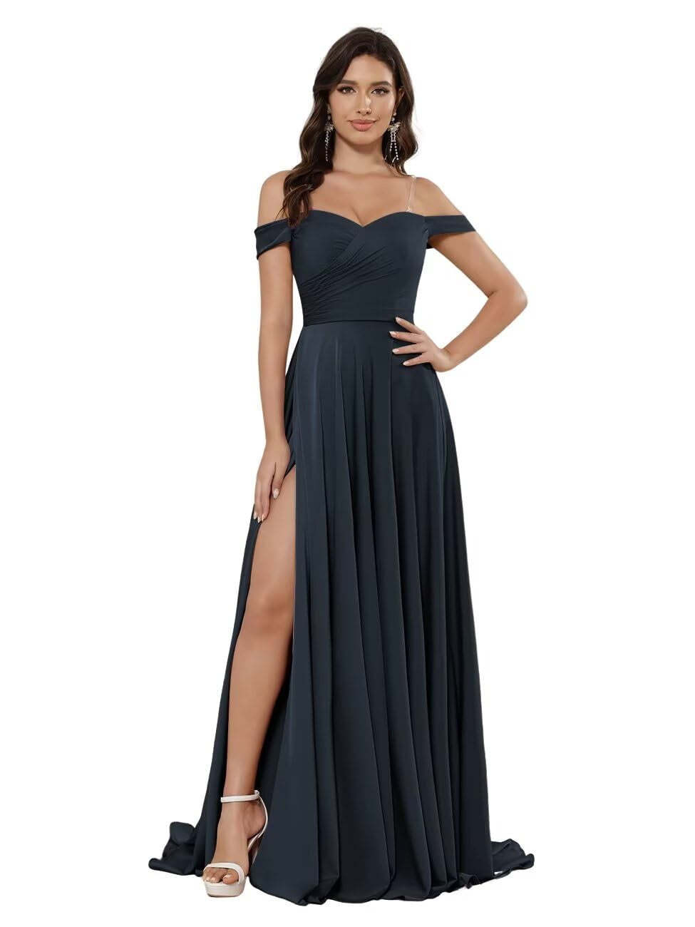 Off-the-shoulder Sleeveless Floor-Length Bridesmaid Dresses in Princess Satin with an A-Line Cut