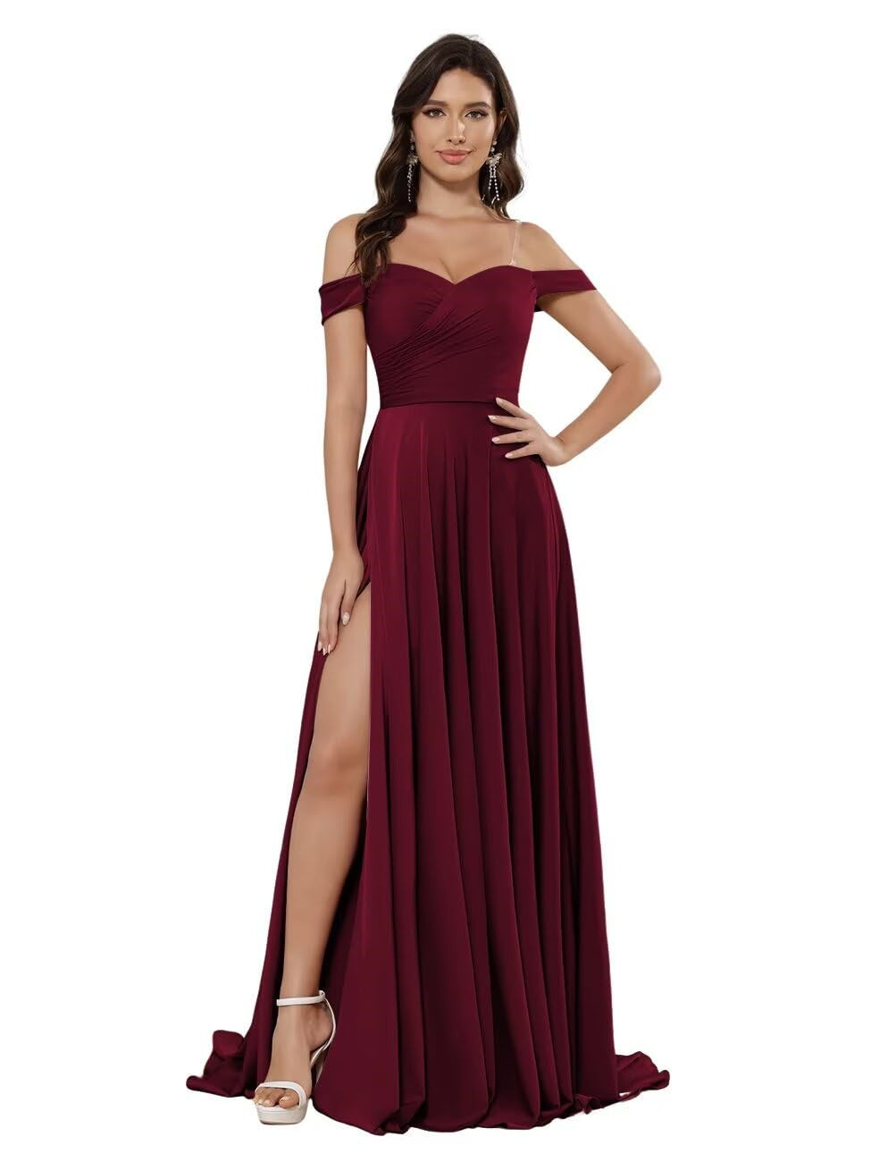 Off-the-shoulder Sleeveless Floor-Length Bridesmaid Dresses in Princess Satin with an A-Line Cut