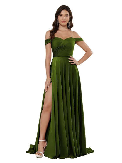 Off-the-shoulder Sleeveless Floor-Length Bridesmaid Dresses in Princess Satin with an A-Line Cut
