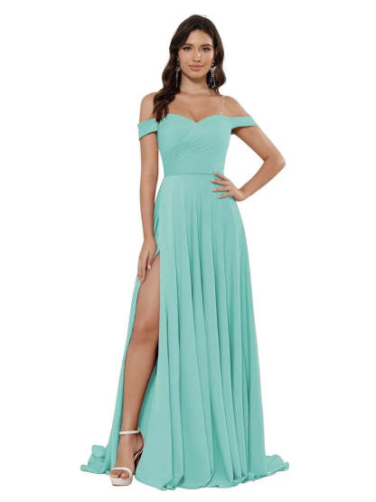 Off-the-shoulder Sleeveless Floor-Length Bridesmaid Dresses in Princess Satin with an A-Line Cut