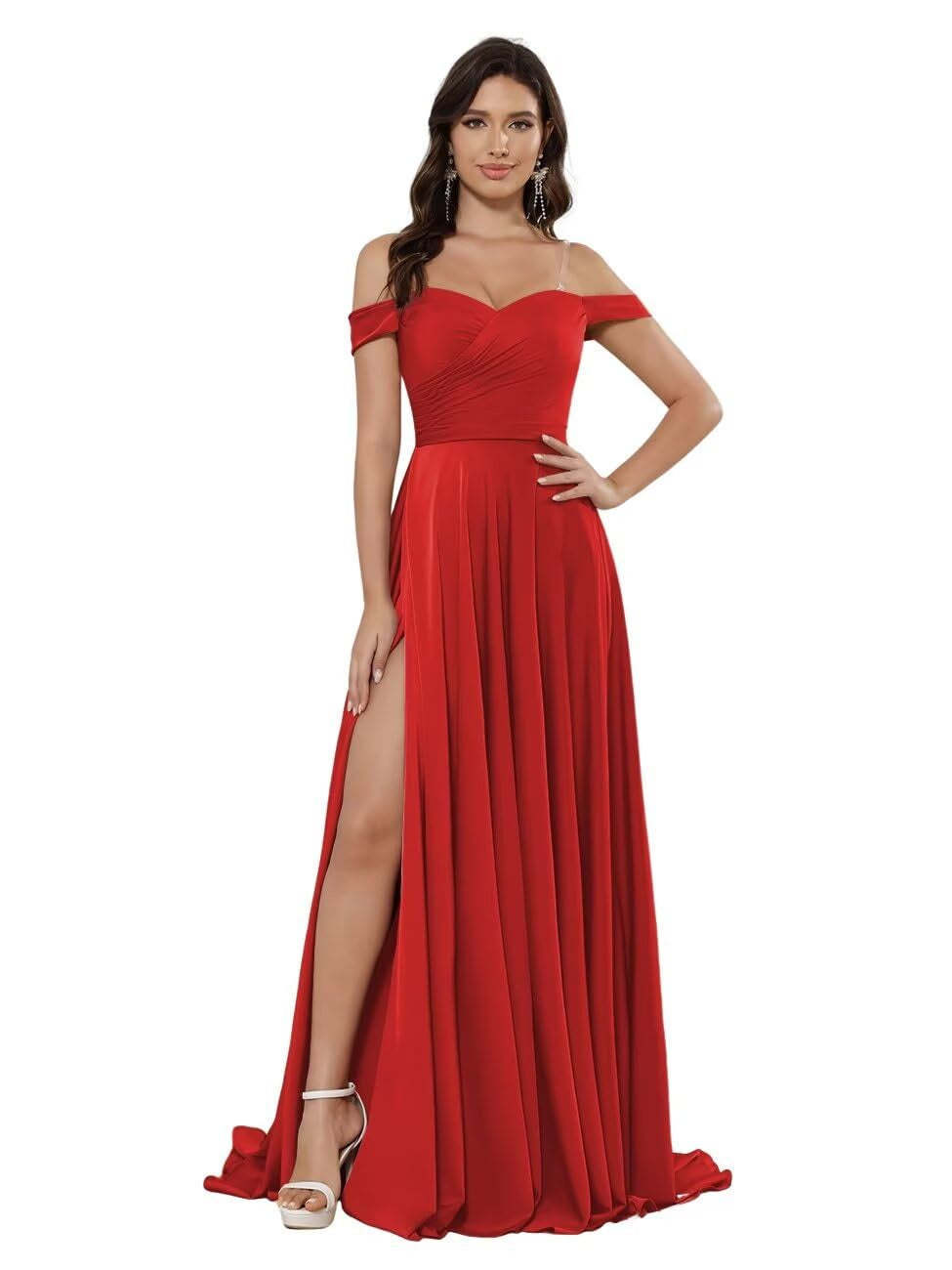 Off-the-shoulder Sleeveless Floor-Length Bridesmaid Dresses in Princess Satin with an A-Line Cut