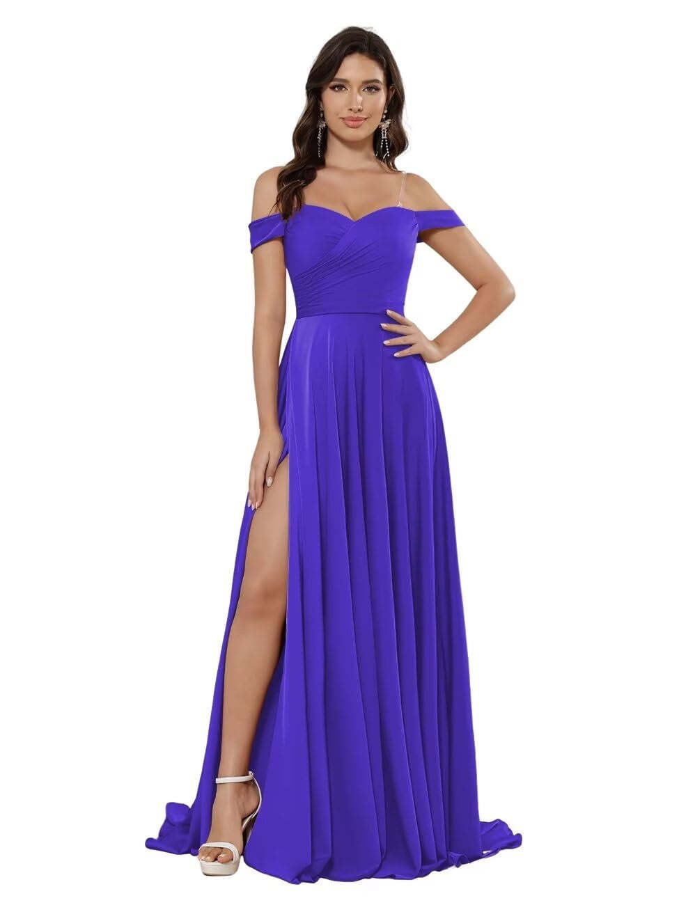 Off-the-shoulder Sleeveless Floor-Length Bridesmaid Dresses in Princess Satin with an A-Line Cut