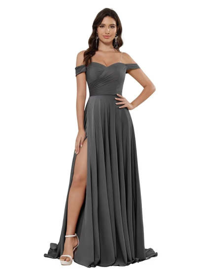 Off-the-shoulder Sleeveless Floor-Length Bridesmaid Dresses in Princess Satin with an A-Line Cut