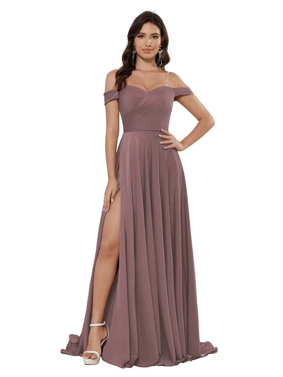 Off-the-shoulder Sleeveless Floor-Length Bridesmaid Dresses in Princess Satin with an A-Line Cut