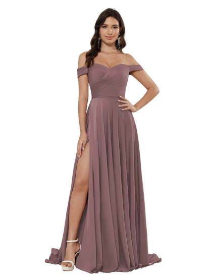 Off-the-shoulder Sleeveless Floor-Length Bridesmaid Dresses in Princess Satin with an A-Line Cut