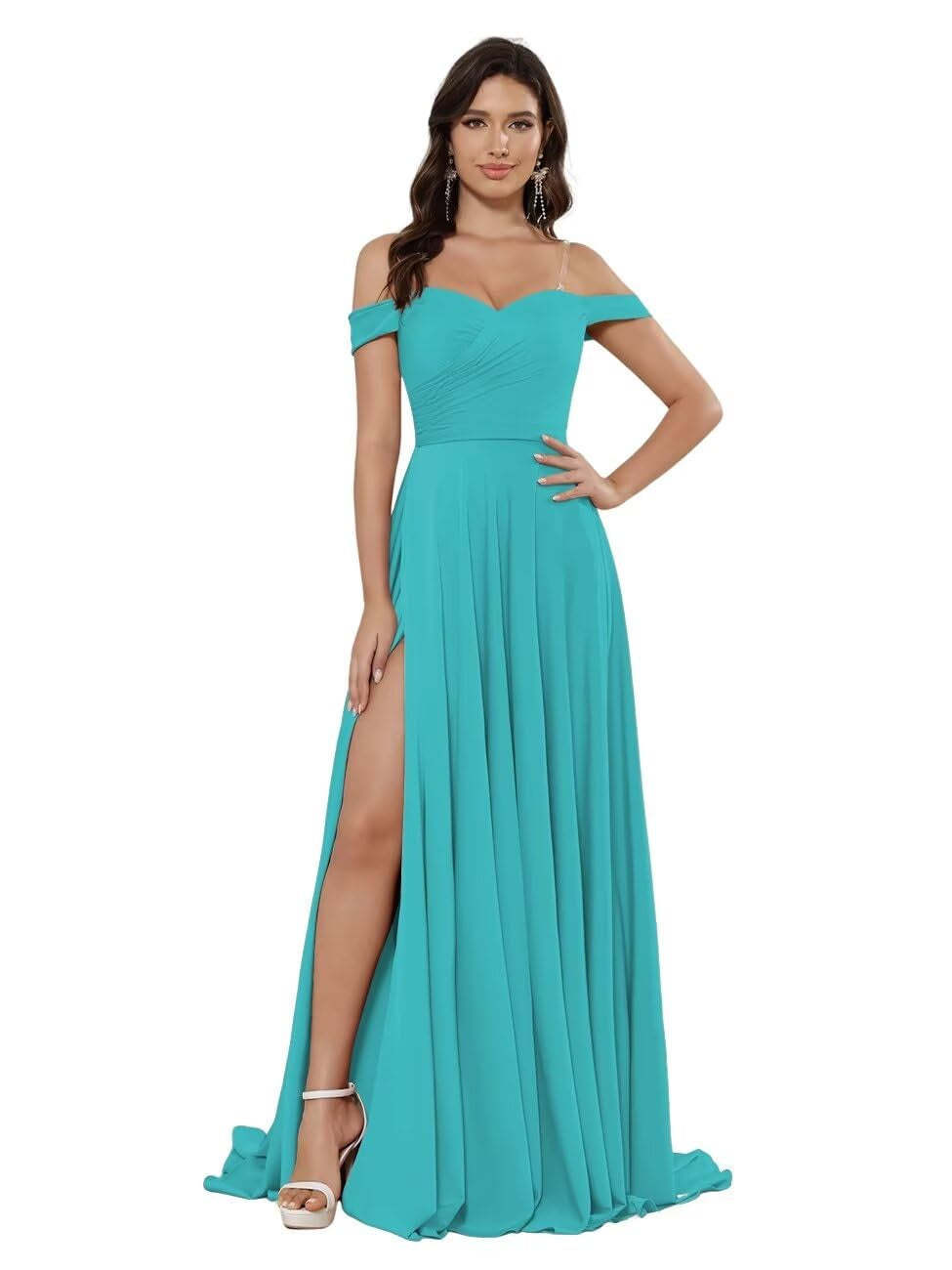 Off-the-shoulder Sleeveless Floor-Length Bridesmaid Dresses in Princess Satin with an A-Line Cut