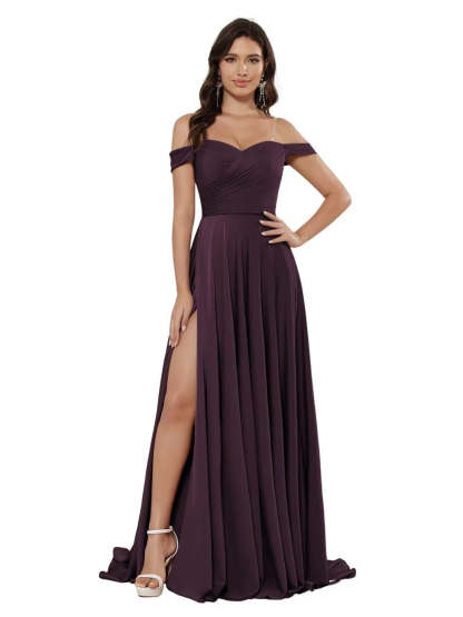 Off-the-shoulder Sleeveless Floor-Length Bridesmaid Dresses in Princess Satin with an A-Line Cut