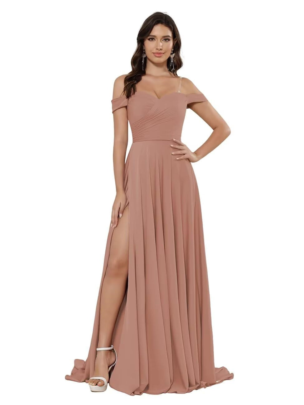 Off-the-shoulder Sleeveless Floor-Length Bridesmaid Dresses in Princess Satin with an A-Line Cut