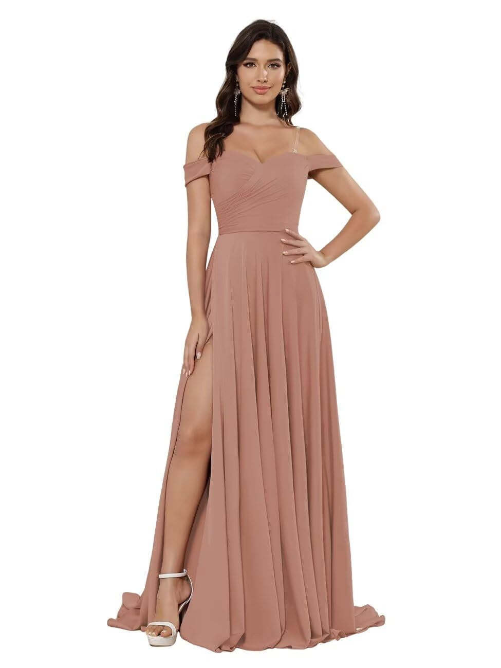 Off-the-shoulder Sleeveless Floor-Length Bridesmaid Dresses in Princess Satin with an A-Line Cut
