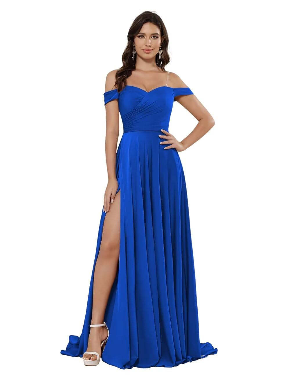 Off-the-shoulder Sleeveless Floor-Length Bridesmaid Dresses in Princess Satin with an A-Line Cut