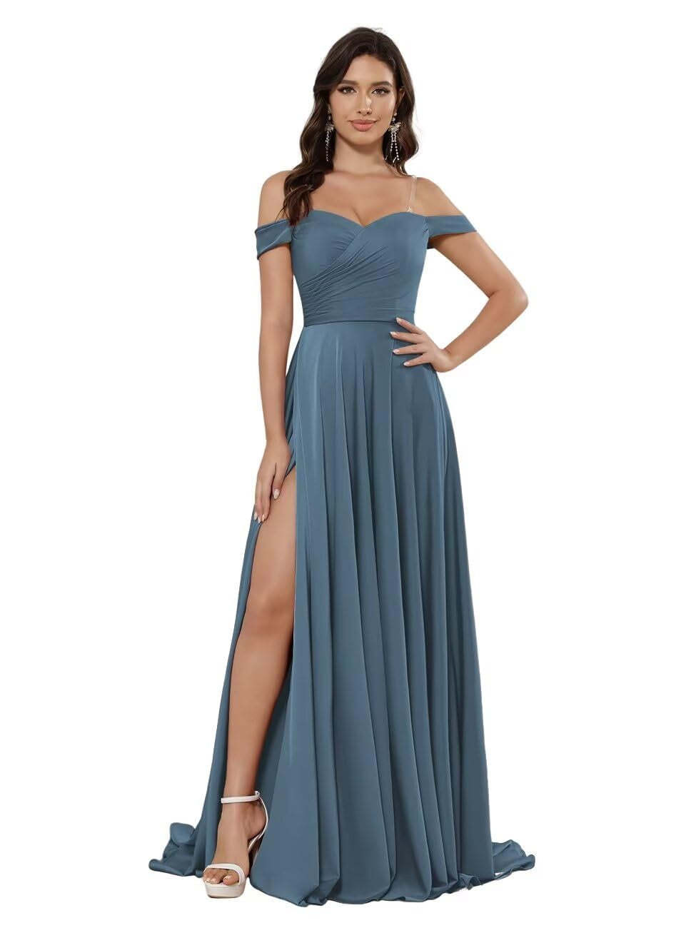 Off-the-shoulder Sleeveless Floor-Length Bridesmaid Dresses in Princess Satin with an A-Line Cut