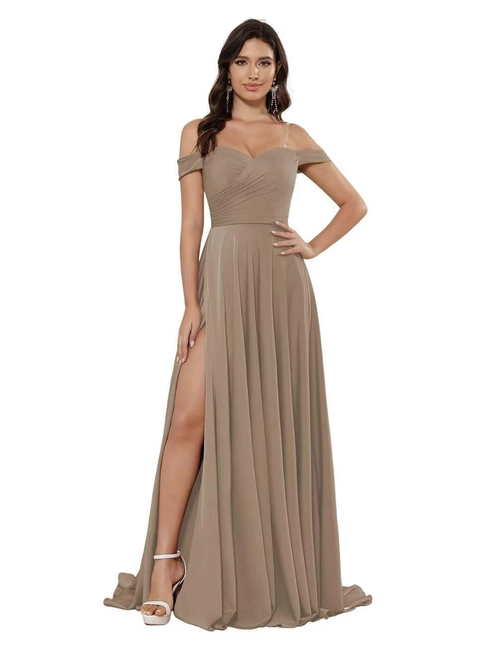 Off-the-shoulder Sleeveless Floor-Length Bridesmaid Dresses in Princess Satin with an A-Line Cut