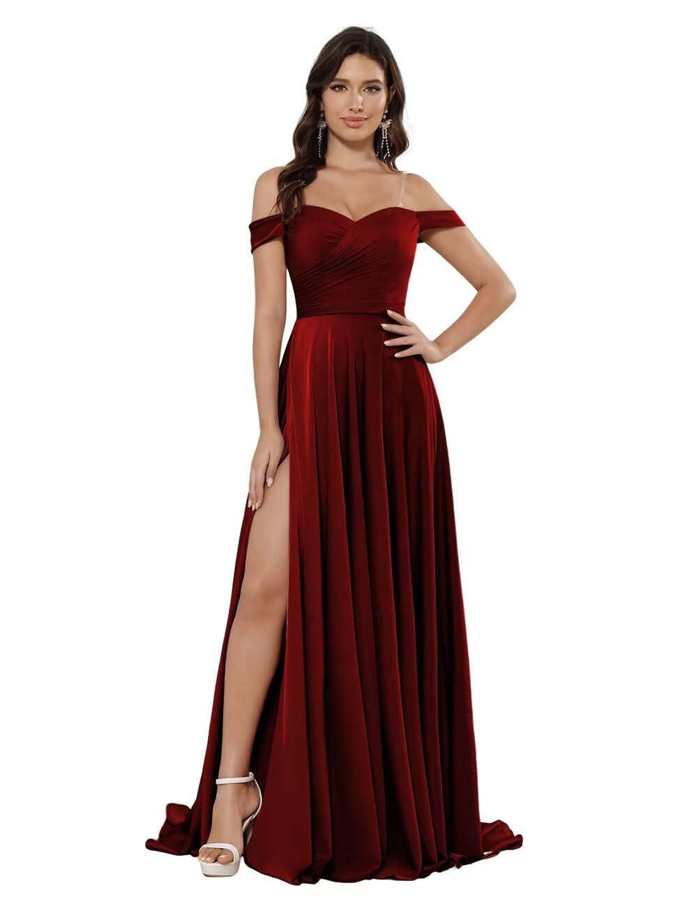 Off-the-shoulder Sleeveless Floor-Length Bridesmaid Dresses in Princess Satin with an A-Line Cut