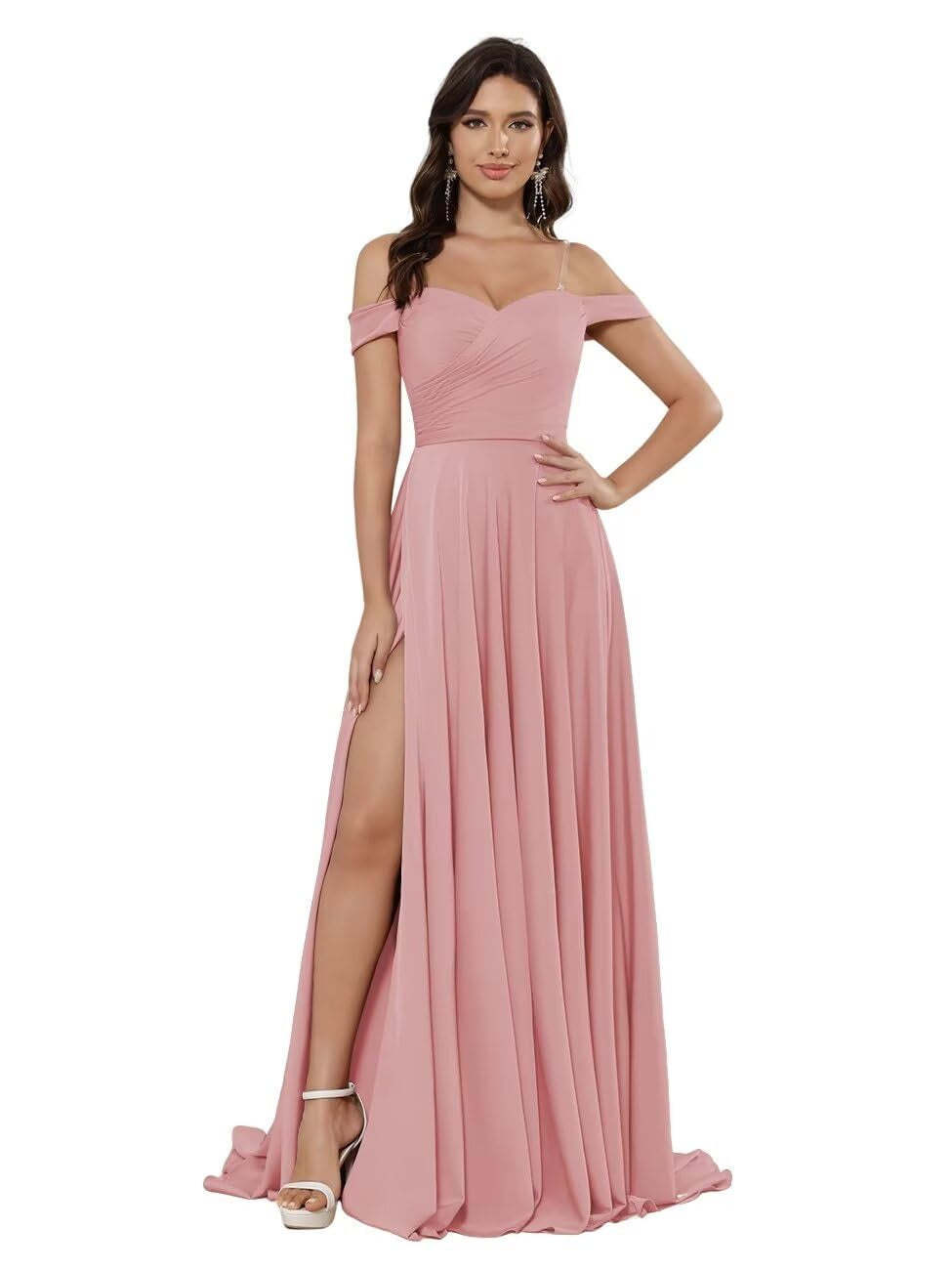 Off-the-shoulder Sleeveless Floor-Length Bridesmaid Dresses in Princess Satin with an A-Line Cut