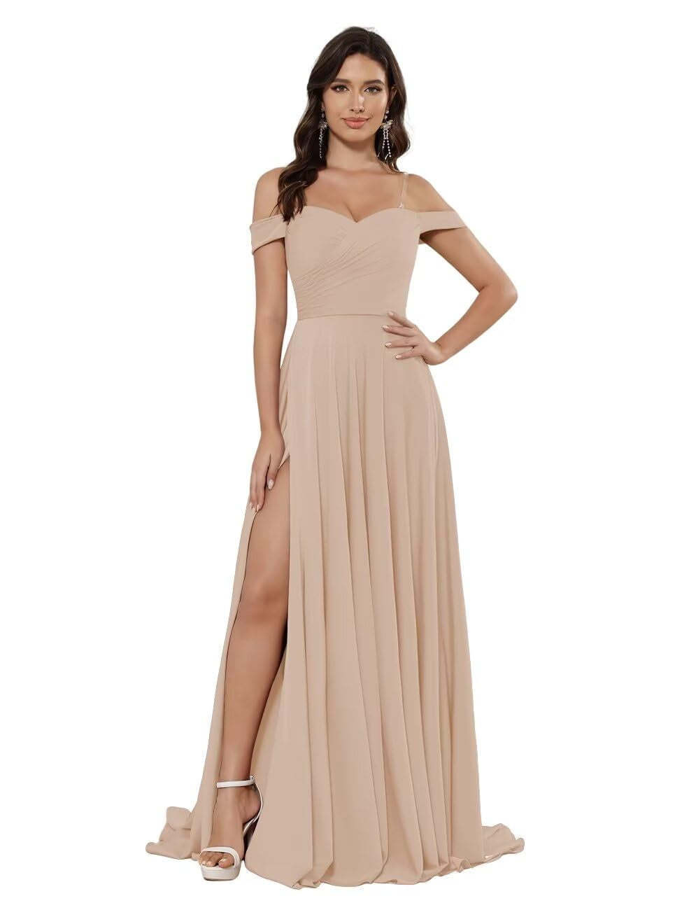 Off-the-shoulder Sleeveless Floor-Length Bridesmaid Dresses in Princess Satin with an A-Line Cut